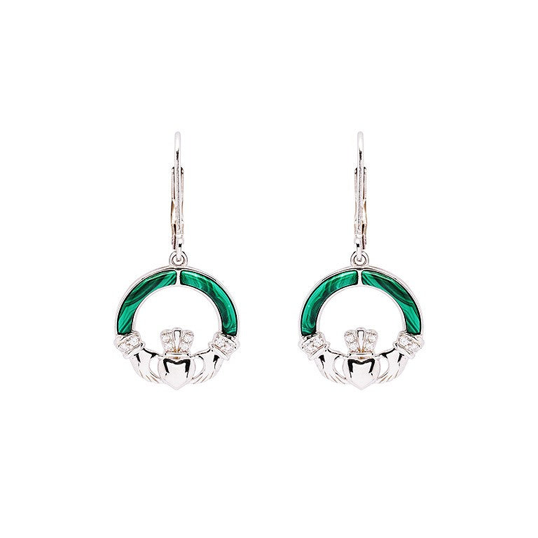 Sterling Silver Claddagh Drop with Malachite Earrings