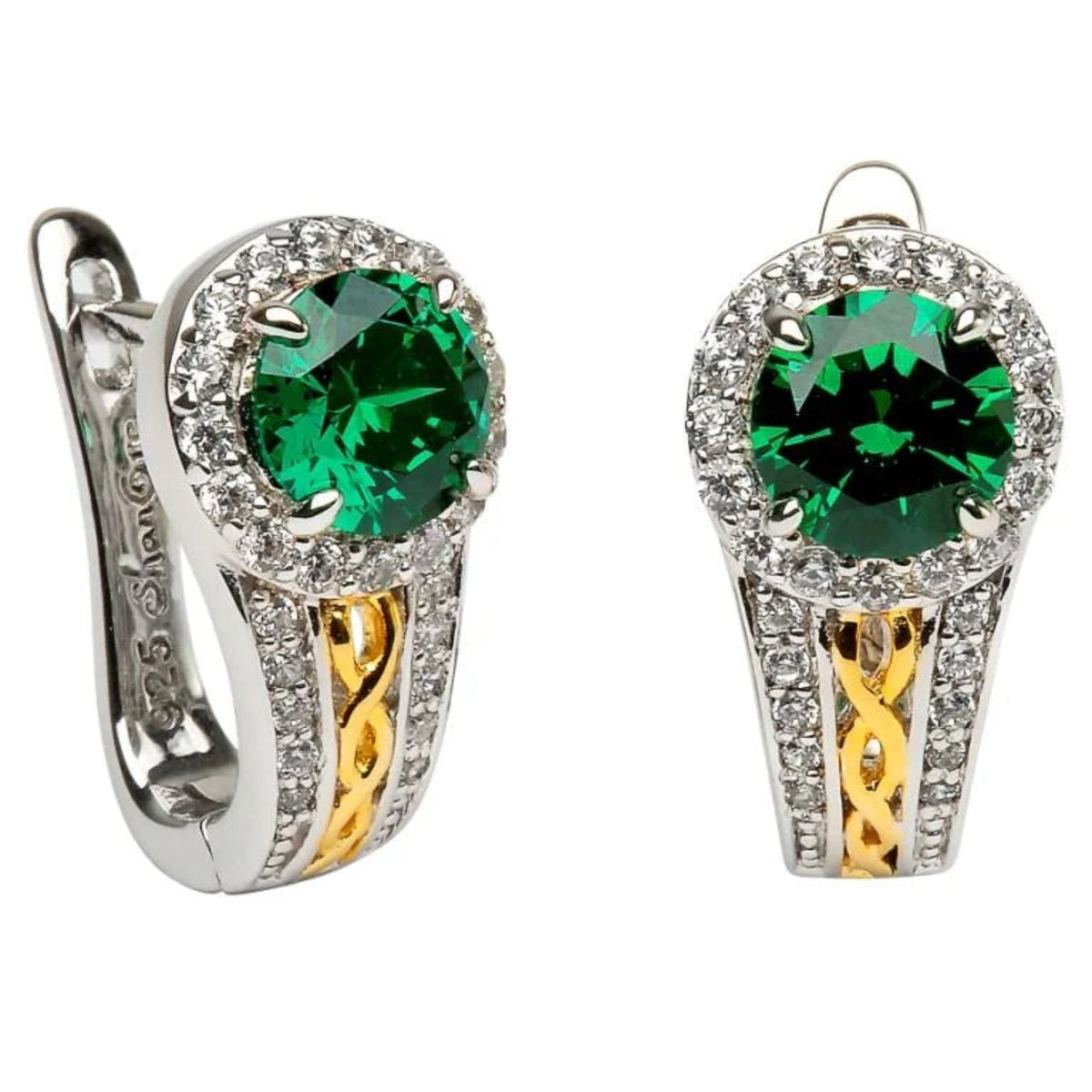 Pair of earrings with green gemstones and gold accents on a white background