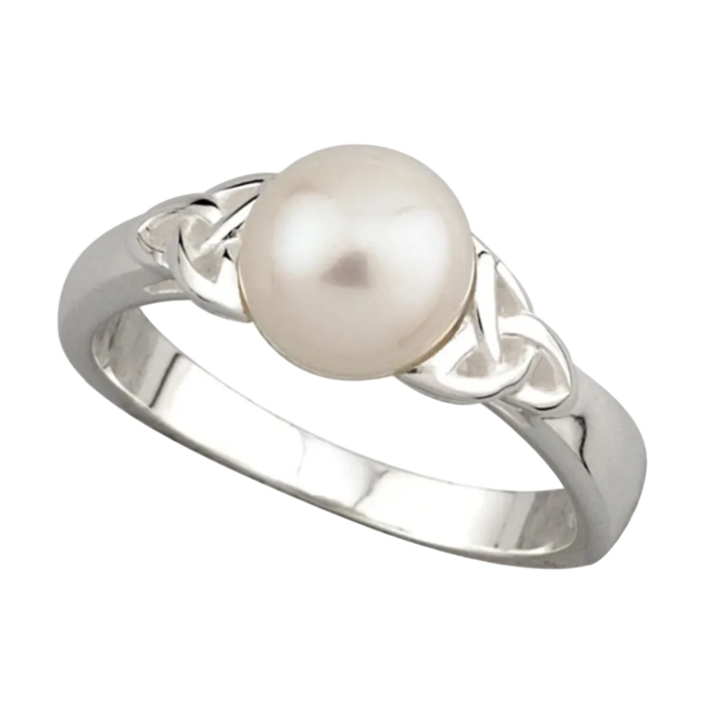 A silver ring featuring a central pearl with trinity knot designs on the band.