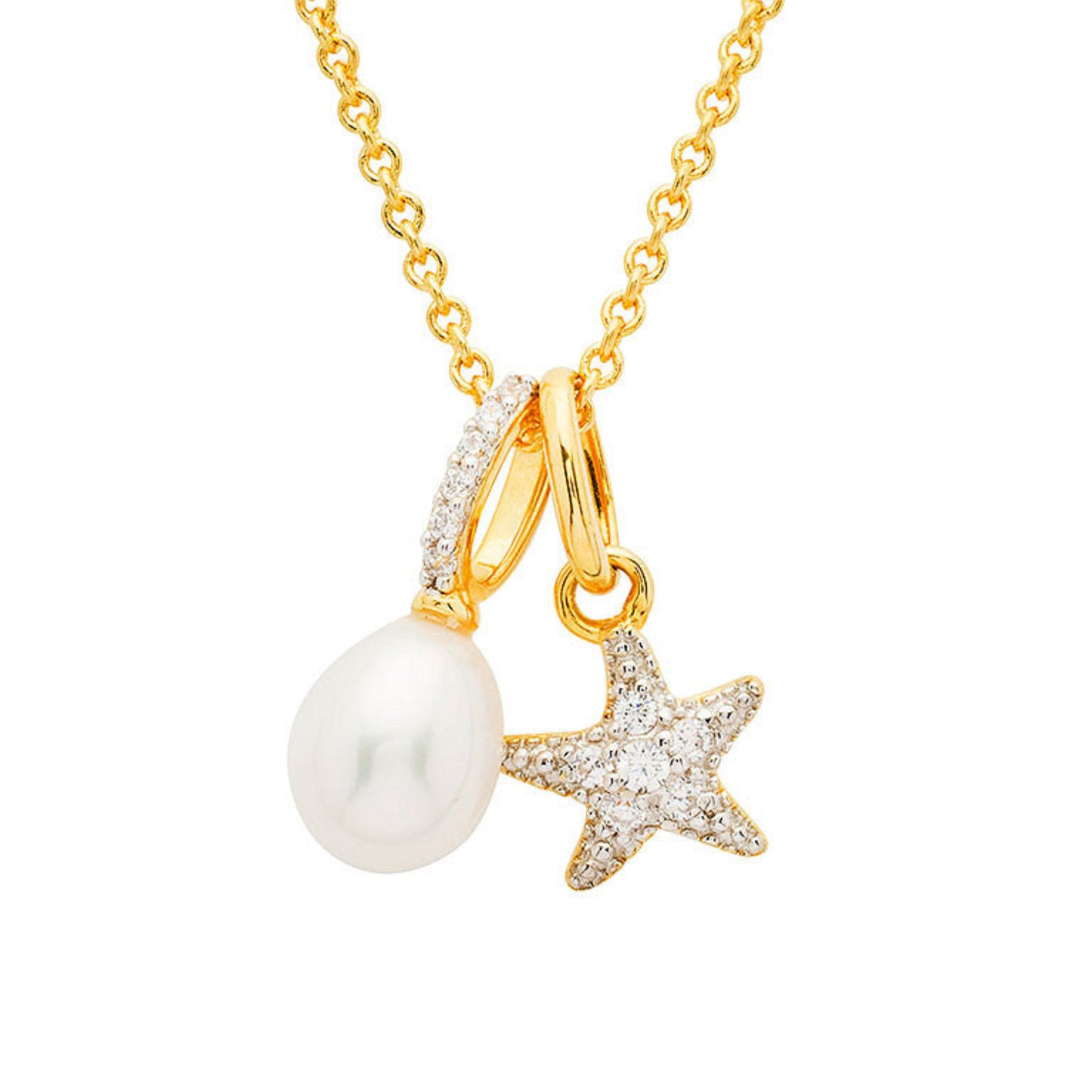 Gold necklace with a pearl and starfish pendant on a white background