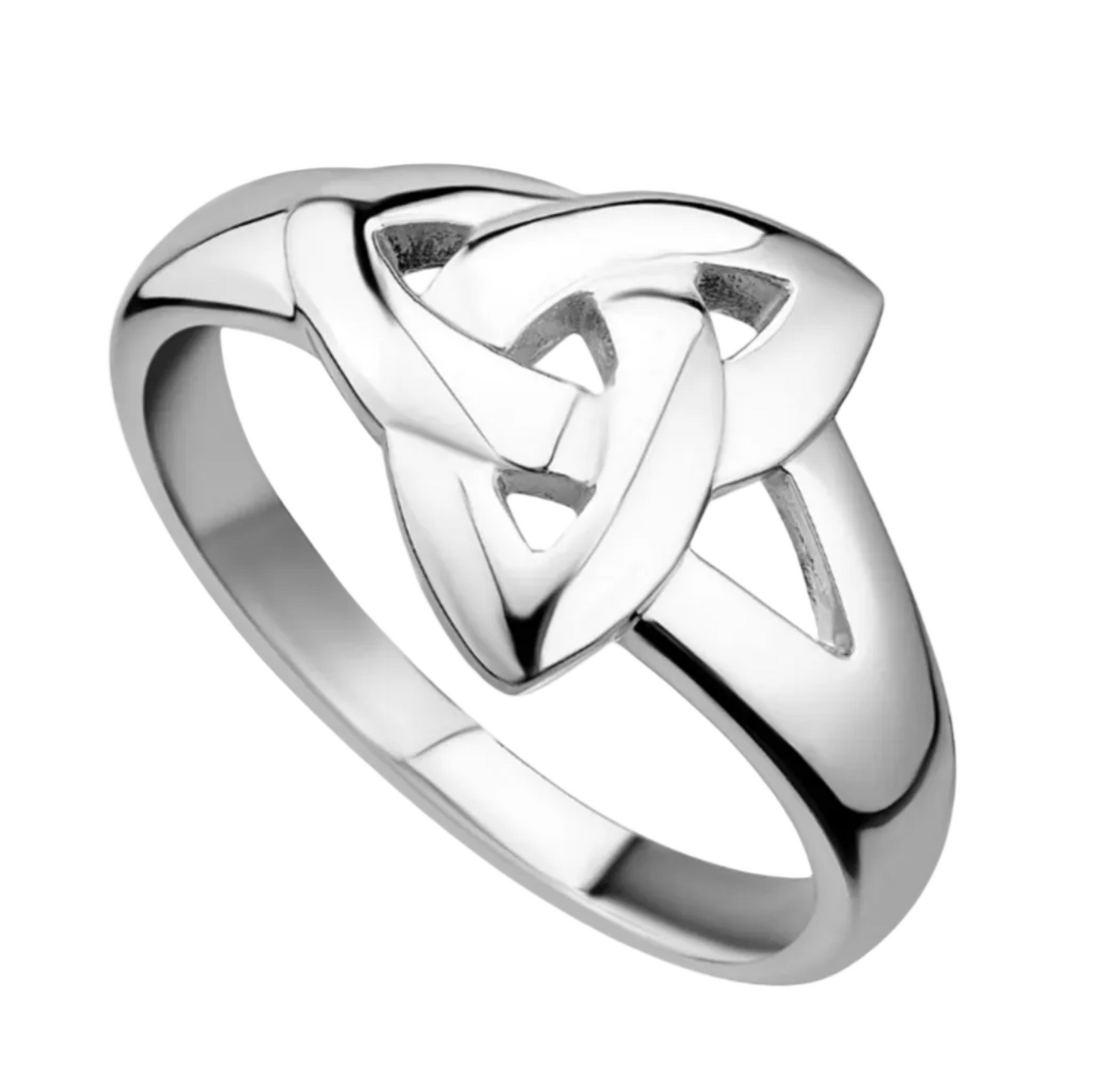 A sterling silver ring featuring a sleek, thick trinity knot design in the center.