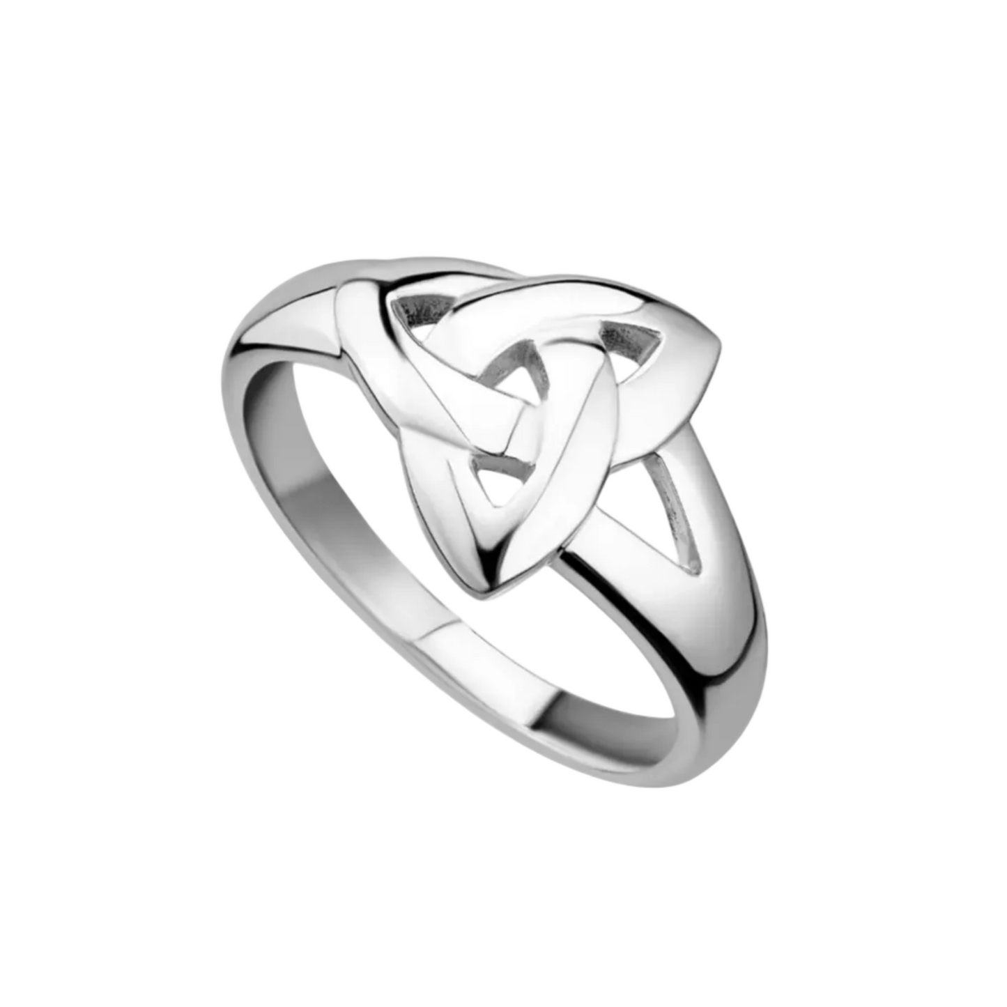 A sterling silver ring featuring a sleek, thick trinity knot design in the center.