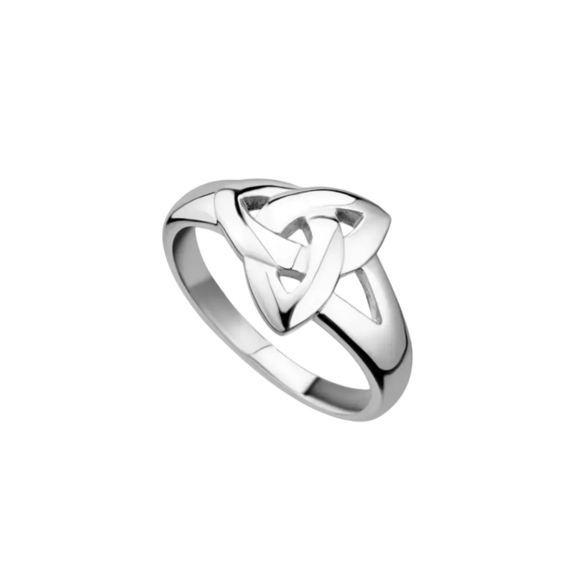 A sterling silver ring featuring a sleek, thick trinity knot design in the center.