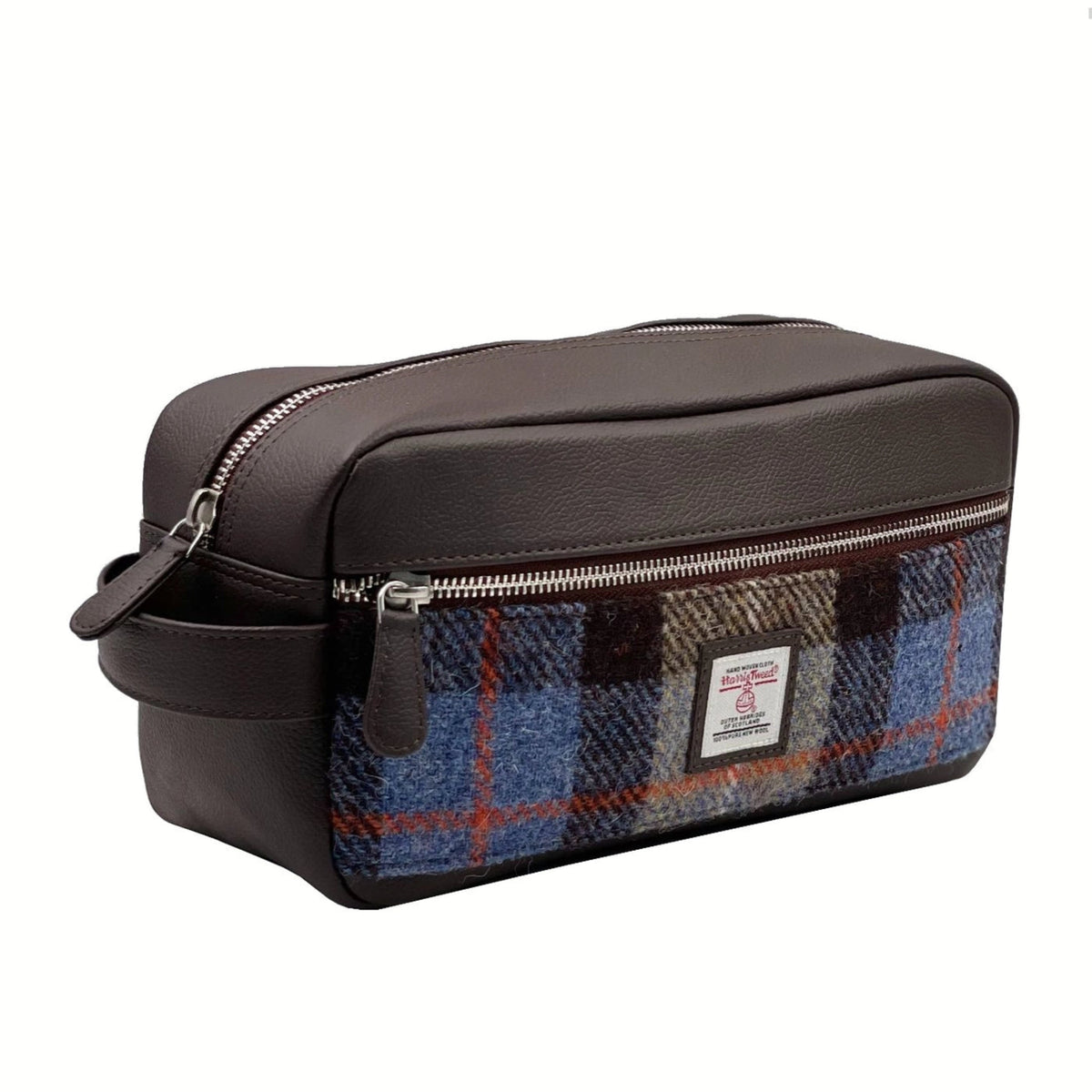 Brown toiletry bag with plaid pattern on a white background
