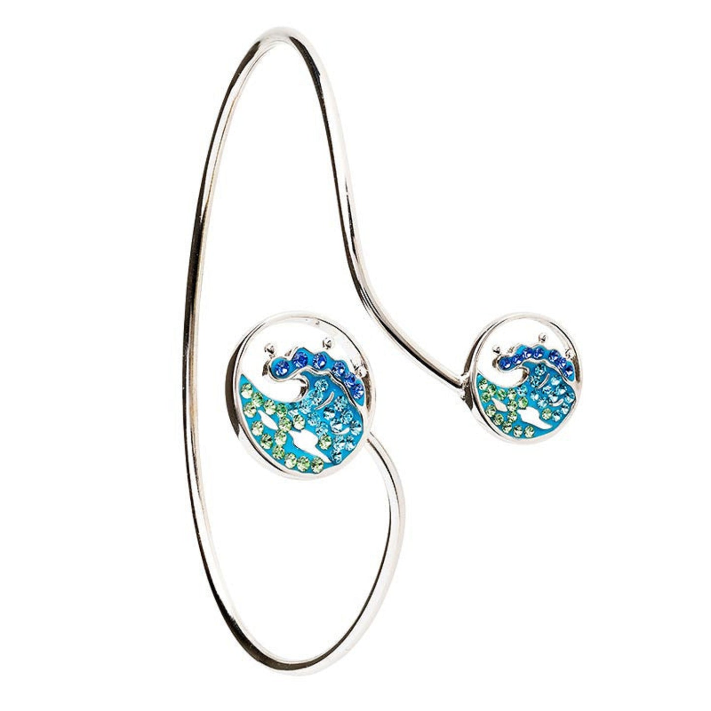 Silver bangle with blue wave designs on a white background