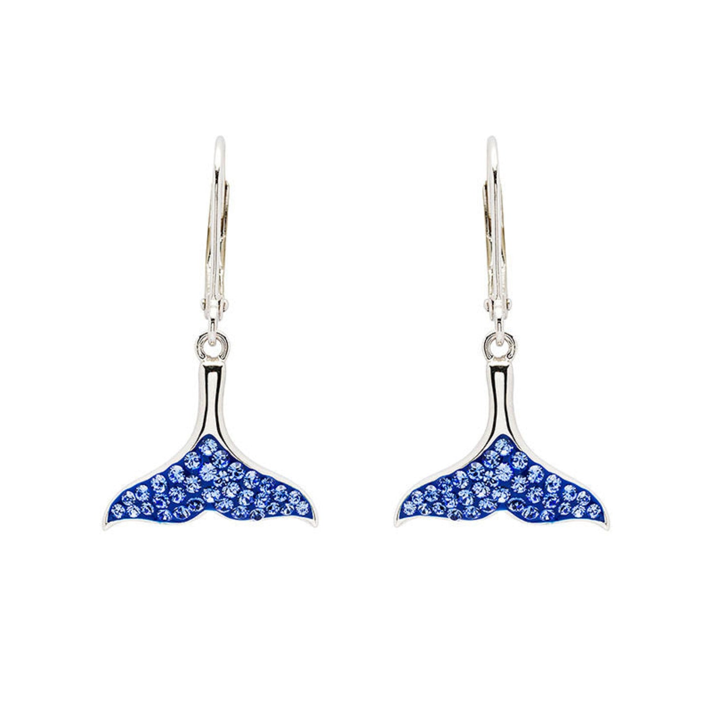 Whale tail earrings with blue gemstones on a white background