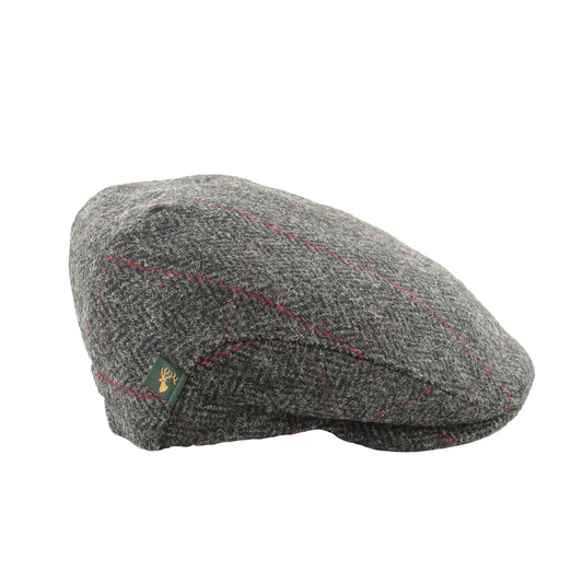 Gray flat cap with a small logo on a white background