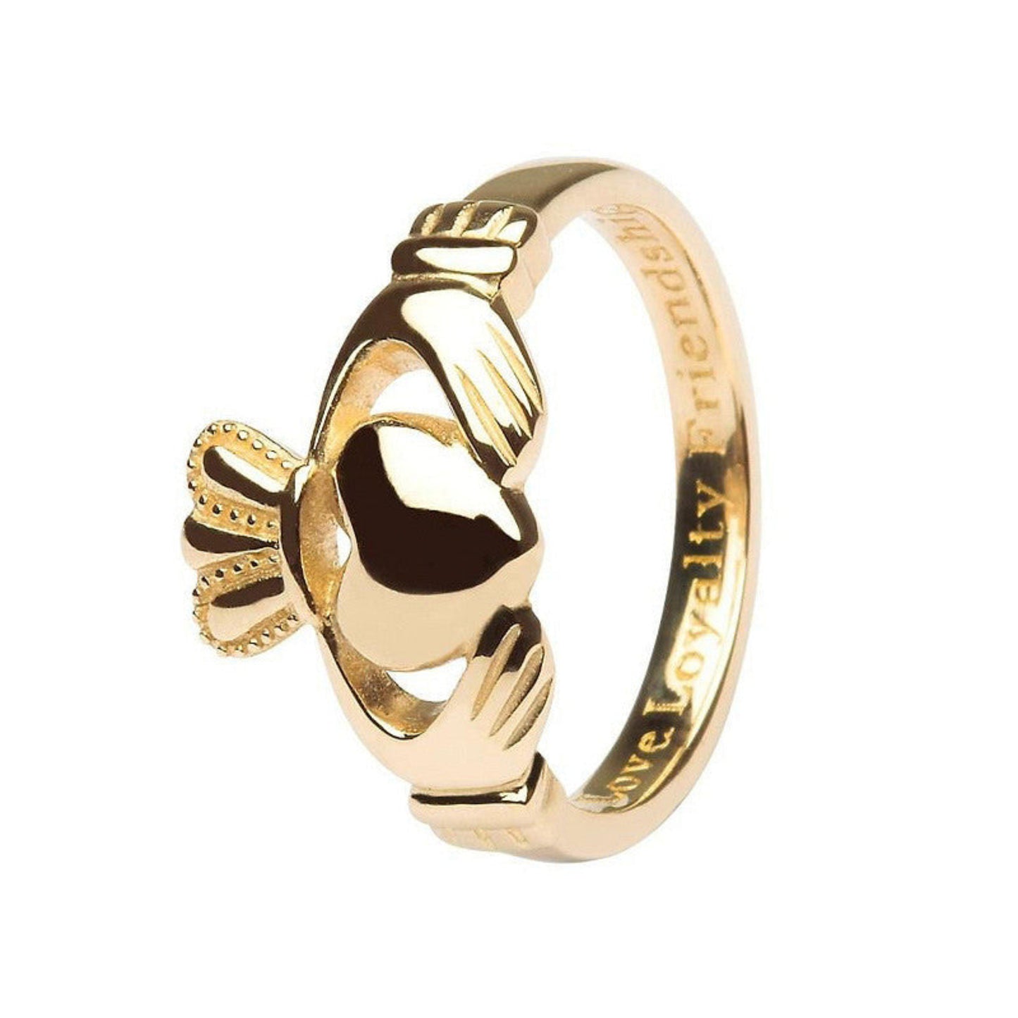 Gold claddagh ring on a white background.
