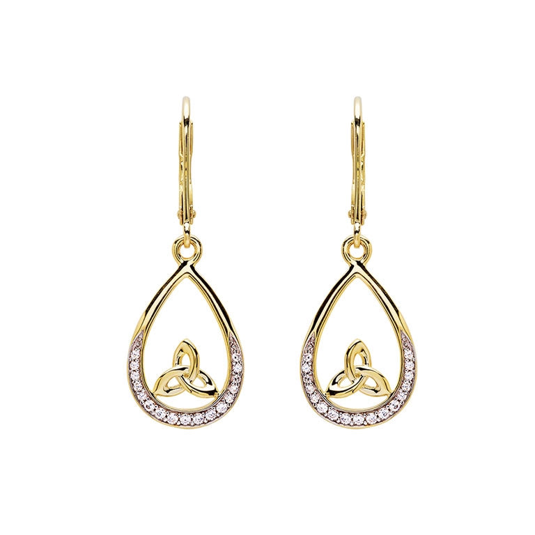 14KT Gold Vermeil Tear Drop Trinity Knot Earrings Studded with White Cubic Zirconias
