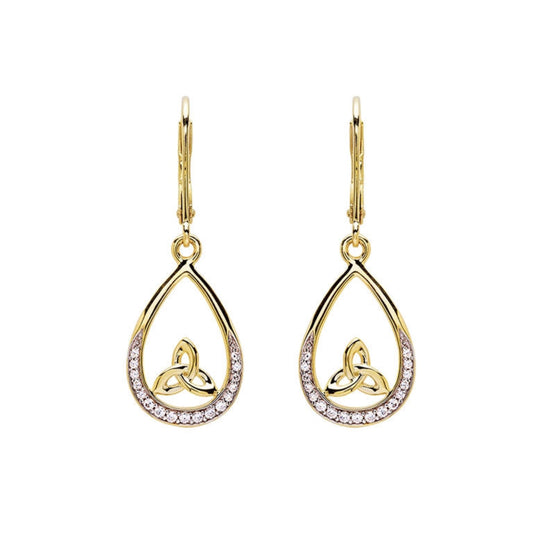 Gold teardrop earrings with Celtic knot design on a white background