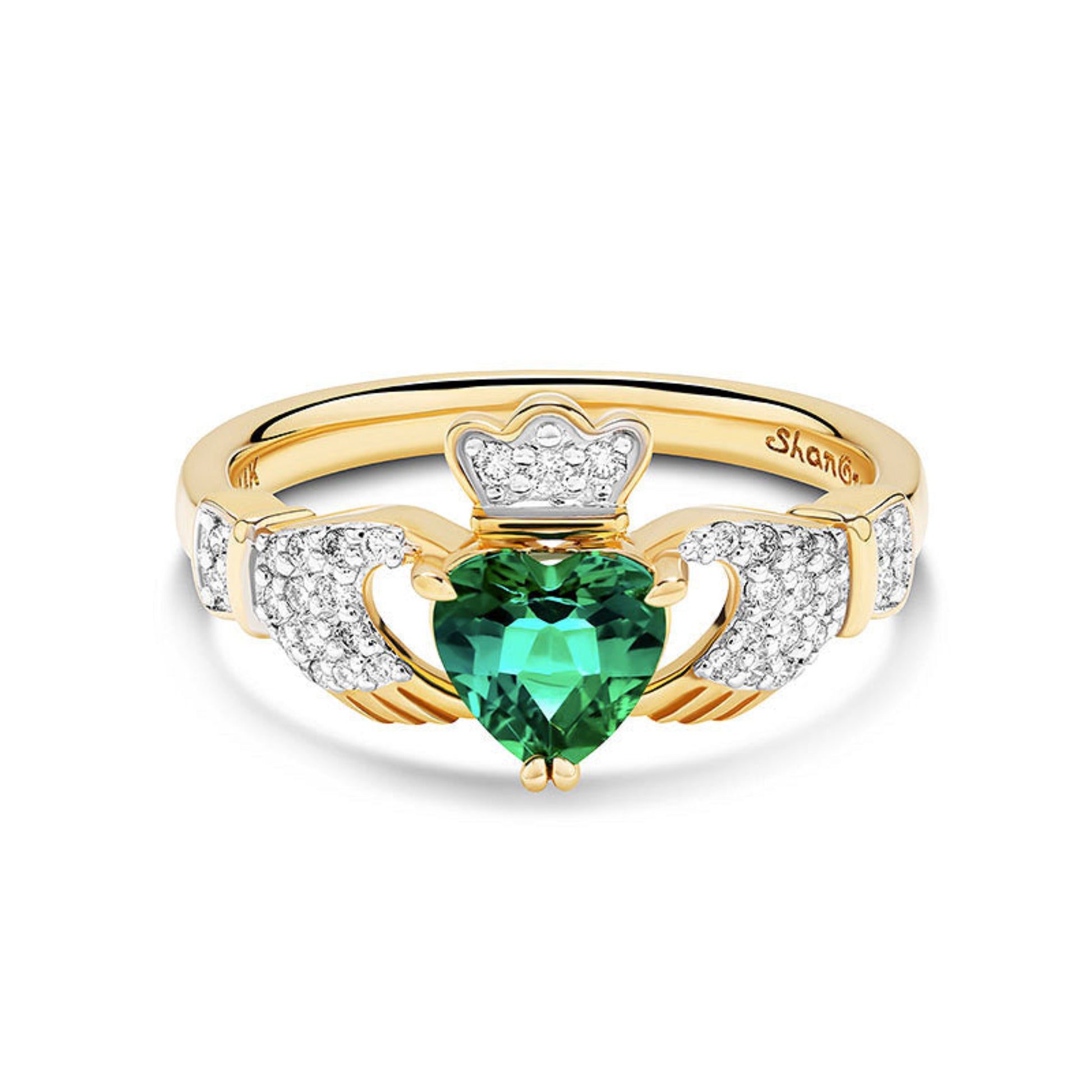 Gold claddagh ring emerald heart and diamond accents.