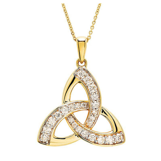 Gold trinity knot pendant with diamonds on white background