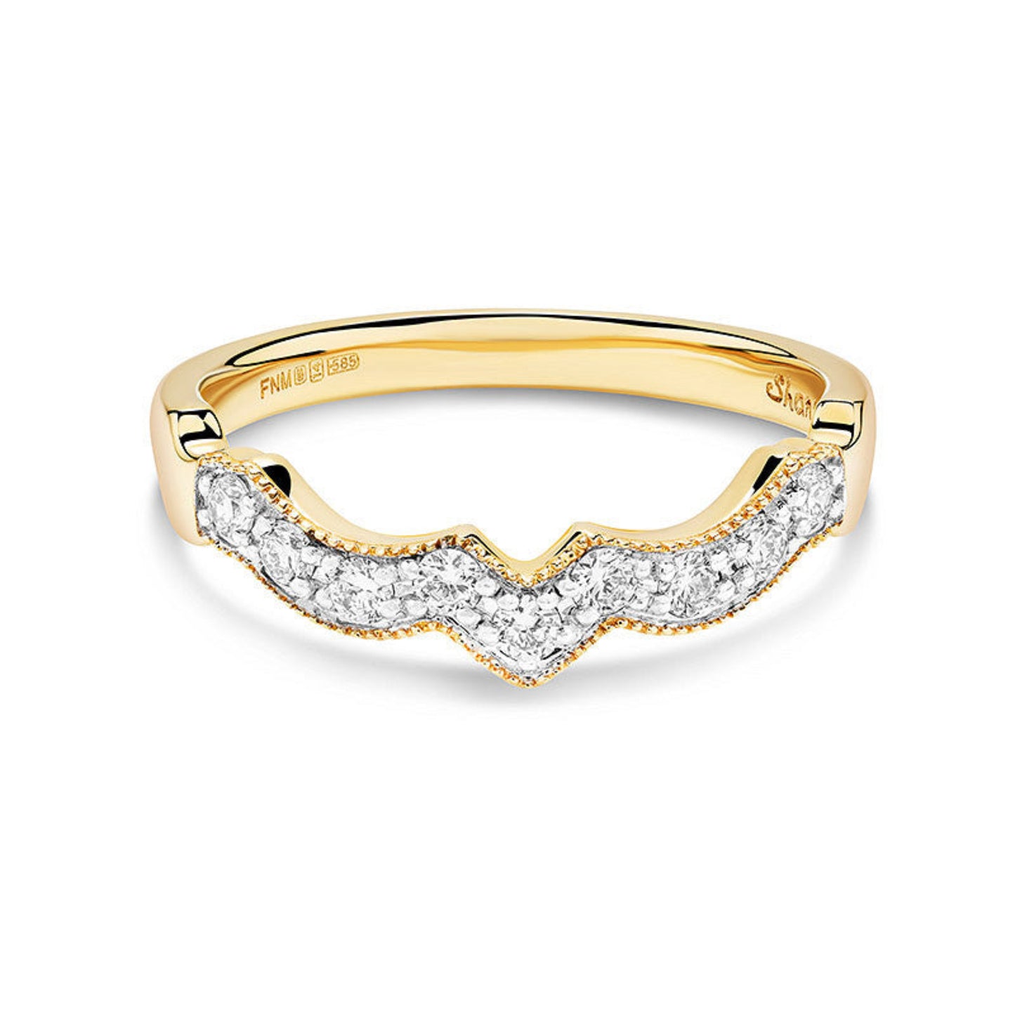 Wavy gold ring band with a thick diamond channel. 