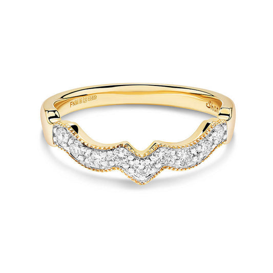 Wavy gold ring band with a thick diamond channel. 