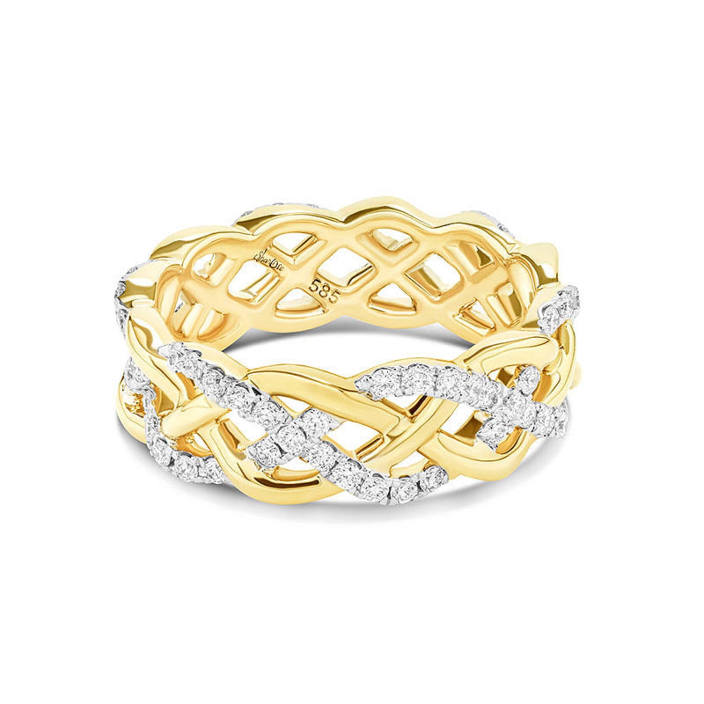 Intertwining gold knotwork ring studded with white diamonds.