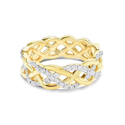 Intertwining gold knotwork ring studded with white diamonds.