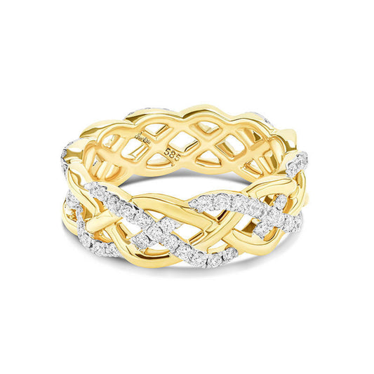 Intertwining gold knotwork ring studded with white diamonds.