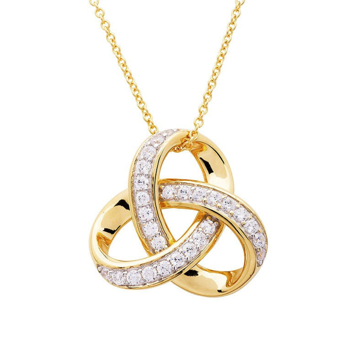 A 14KT gold vermeil cubic zirconia trinity knot necklace with a pendant on an 18-inch chain.