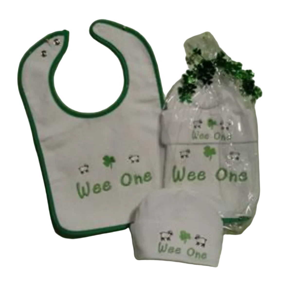 A baby bib and cap gift set with 'Wee One' text and a sheep design, predominantly white with green accents.