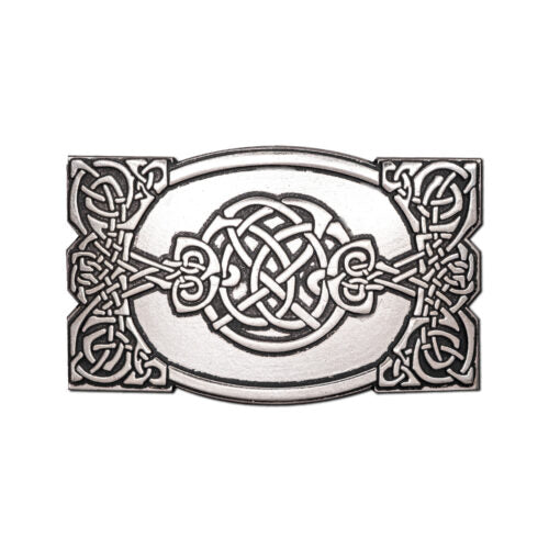 Decorative metal buckle with Celtic knot design on a white background