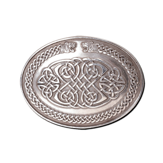 Decorative silver plate with Celtic knot design on a white background