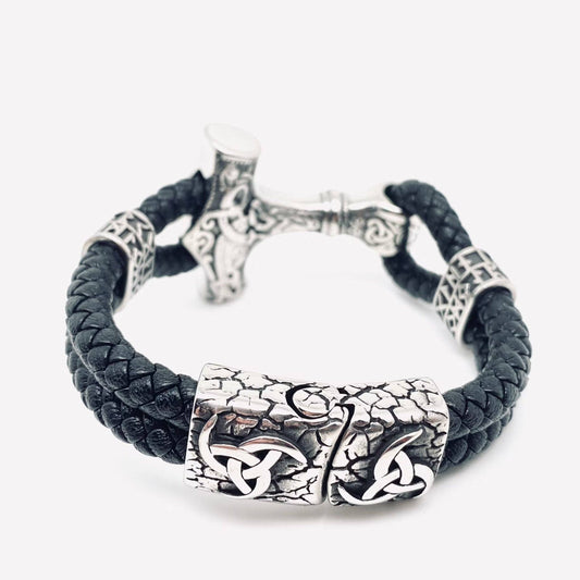 Viking Rune Stainless Steel Leather Bracelet