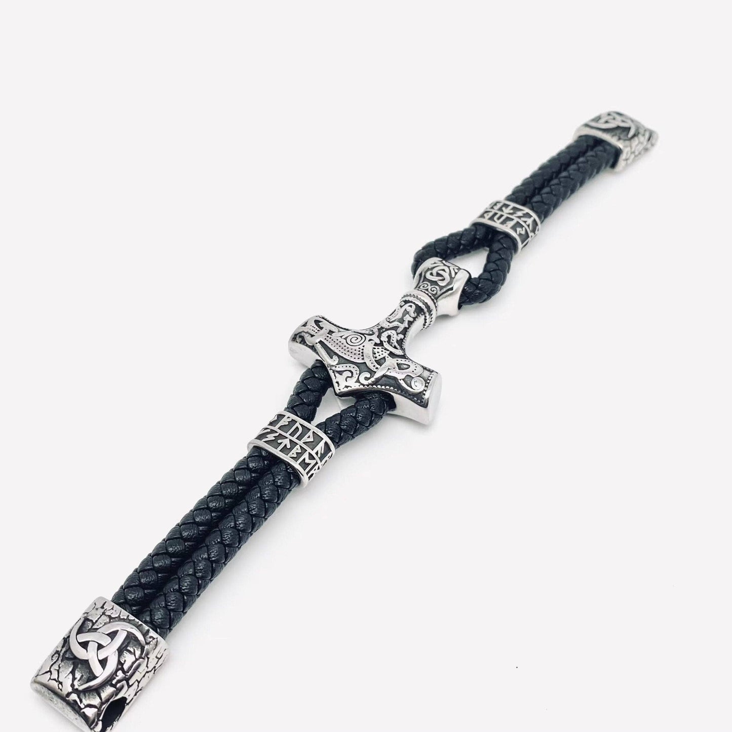 Viking Rune Stainless Steel Leather Bracelet