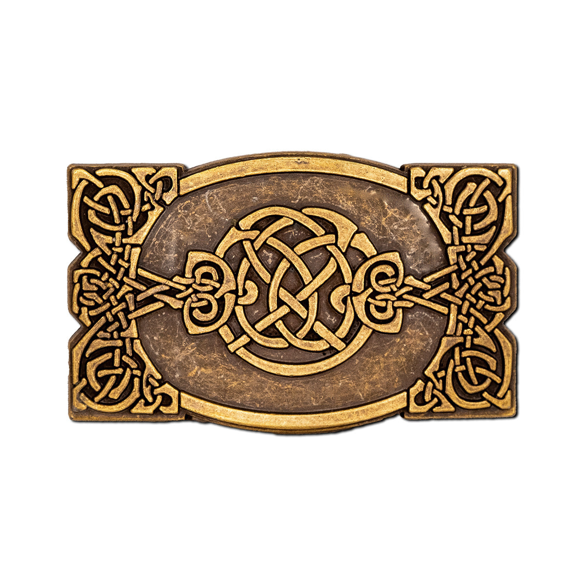 Old brass belt buckle with intricate Celtic knot design on a white background