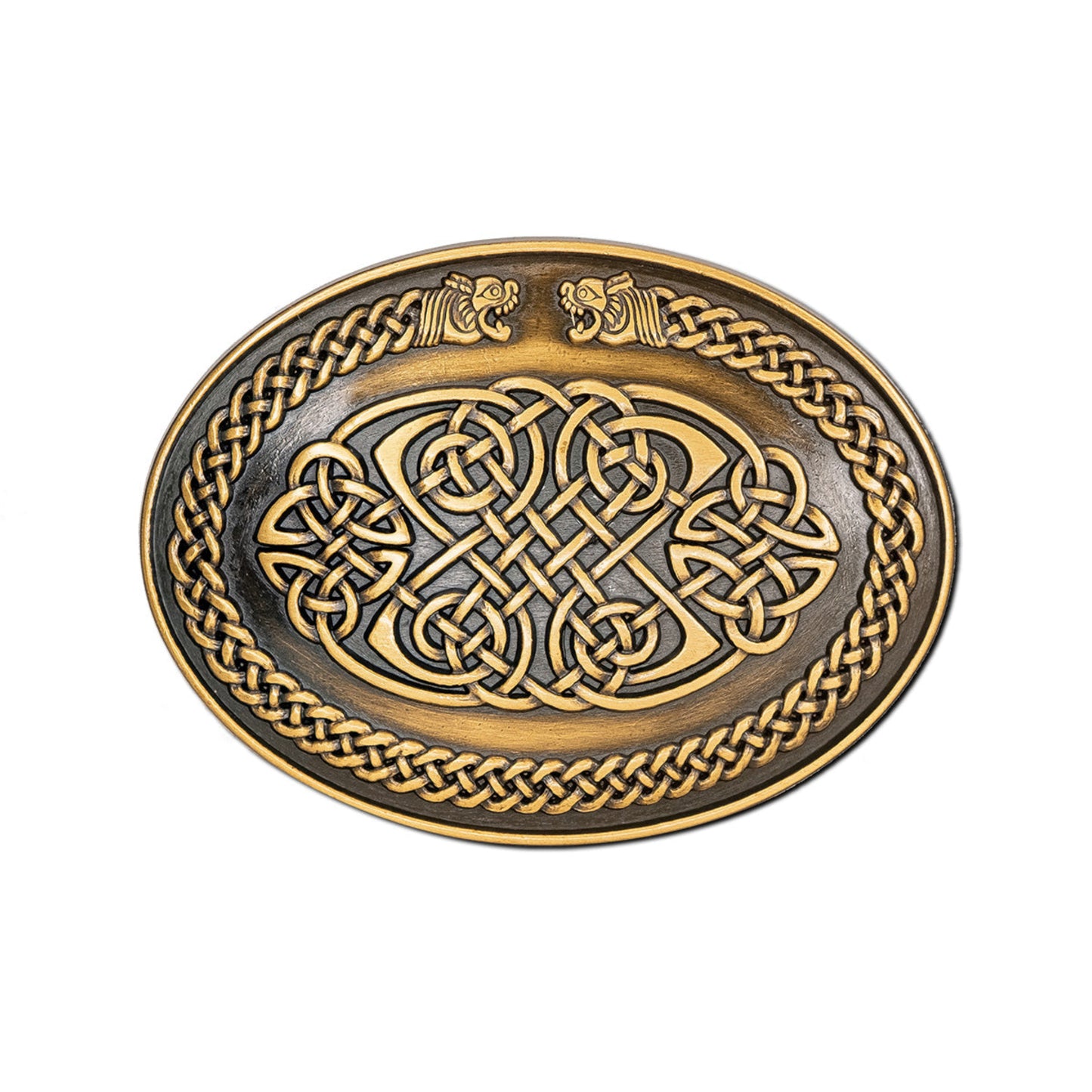 Decorative metal plate with Celtic knot design on a white background