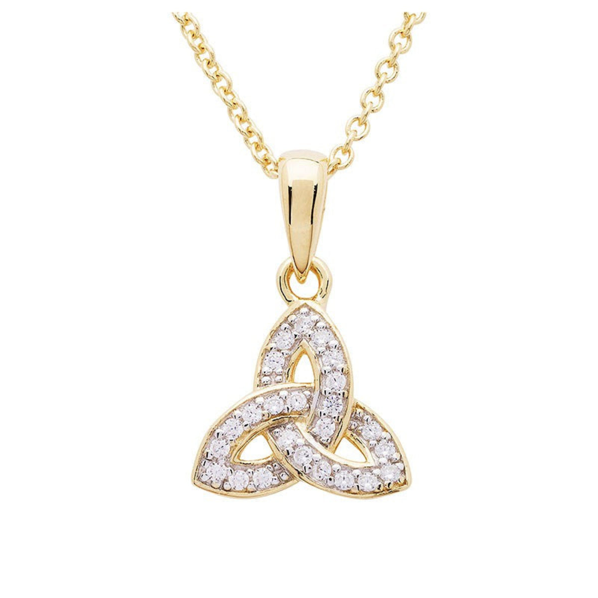 A 14KT gold vermeil trinity knot necklace studded with white cubic zirconias on a white background.