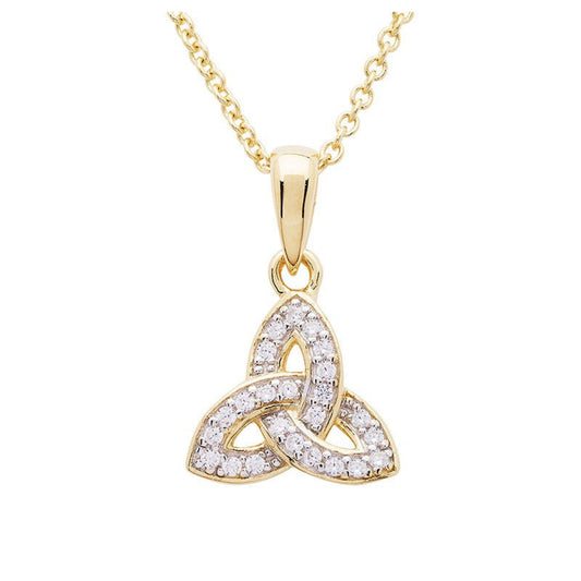 A 14KT gold vermeil trinity knot necklace studded with white cubic zirconias on a white background.