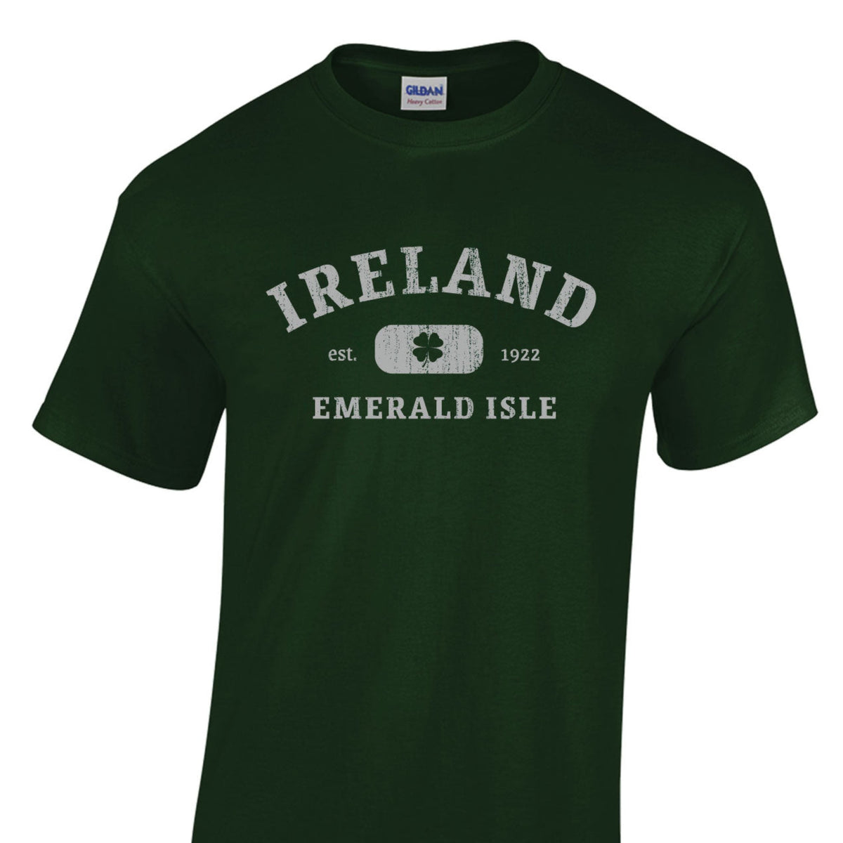 A forest green crew neck t-shirt with 'IRELAND EMERALD ISLE' printed in white and green text on the front.