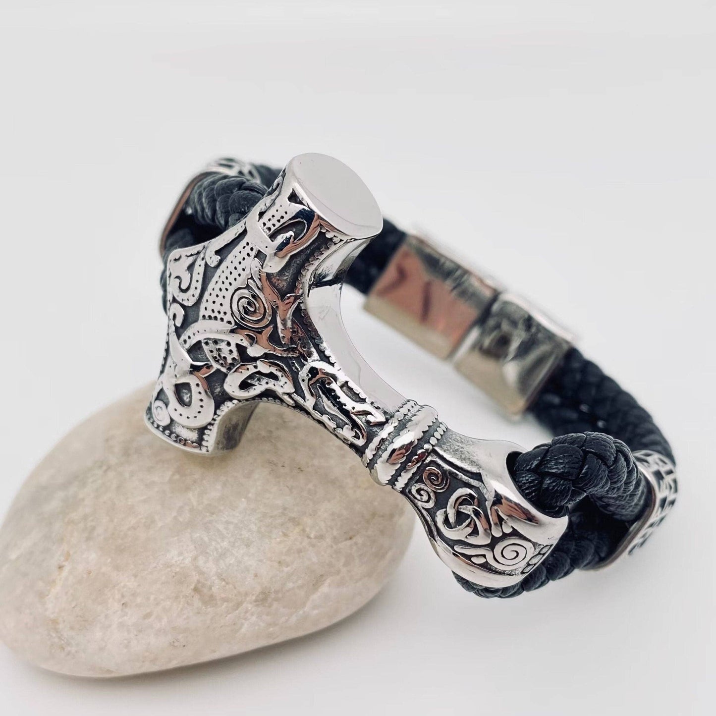Viking Rune Stainless Steel Leather Bracelet