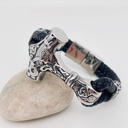 Viking Rune Stainless Steel Leather Bracelet