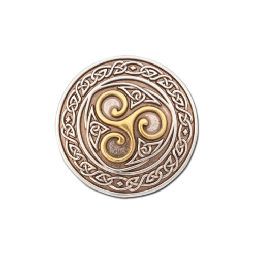 Decorative circular emblem with Celtic Triskel design and a central triskele symbol on a white background