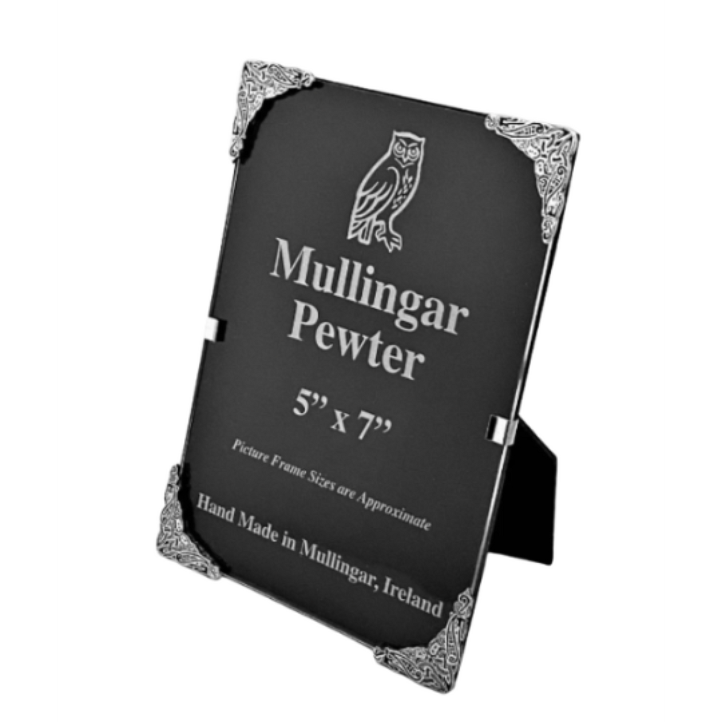Mullingar Pewter picture frame with decorative corners on a white background