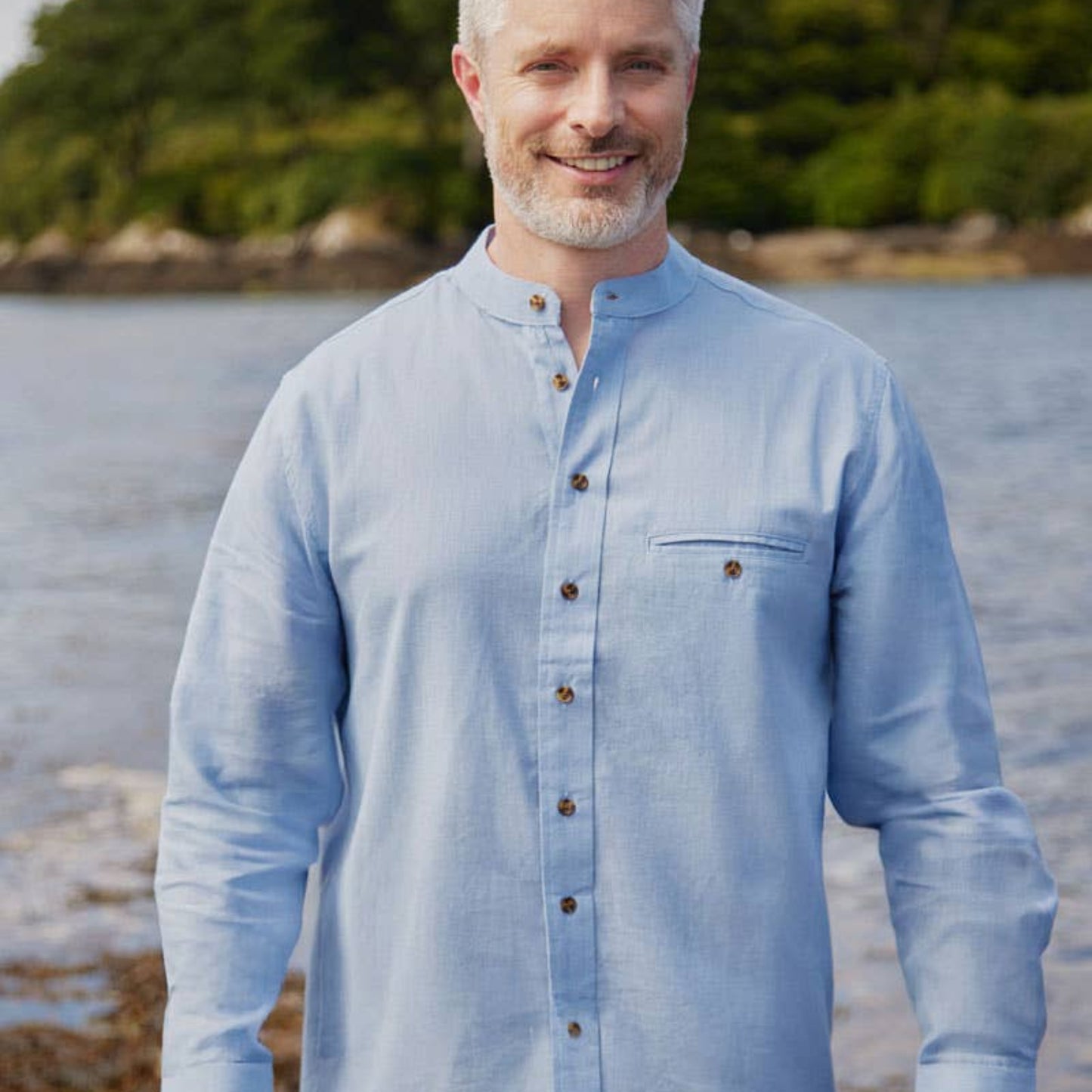 Irish Collarless Linen Grandad Shirt- Melange Sky Blue