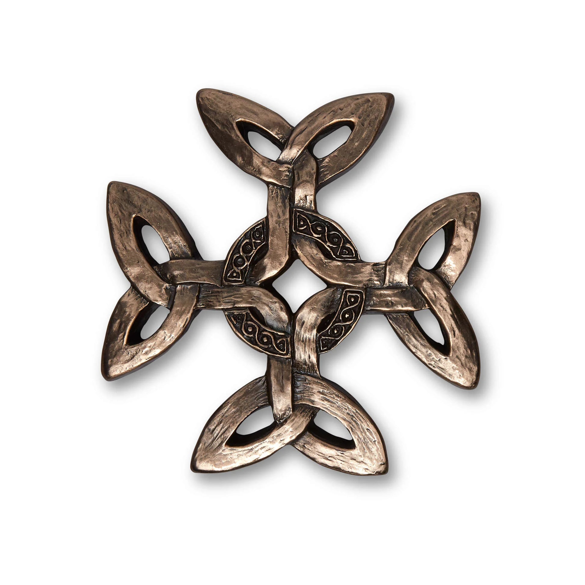Bronze Celtic knot design on a white background