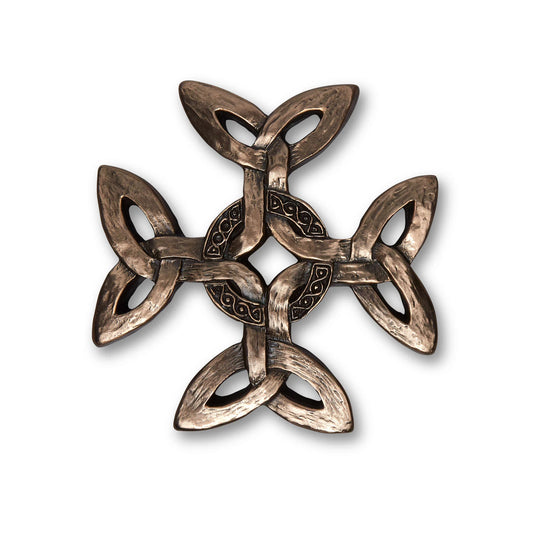 Bronze Celtic knot design on a white background