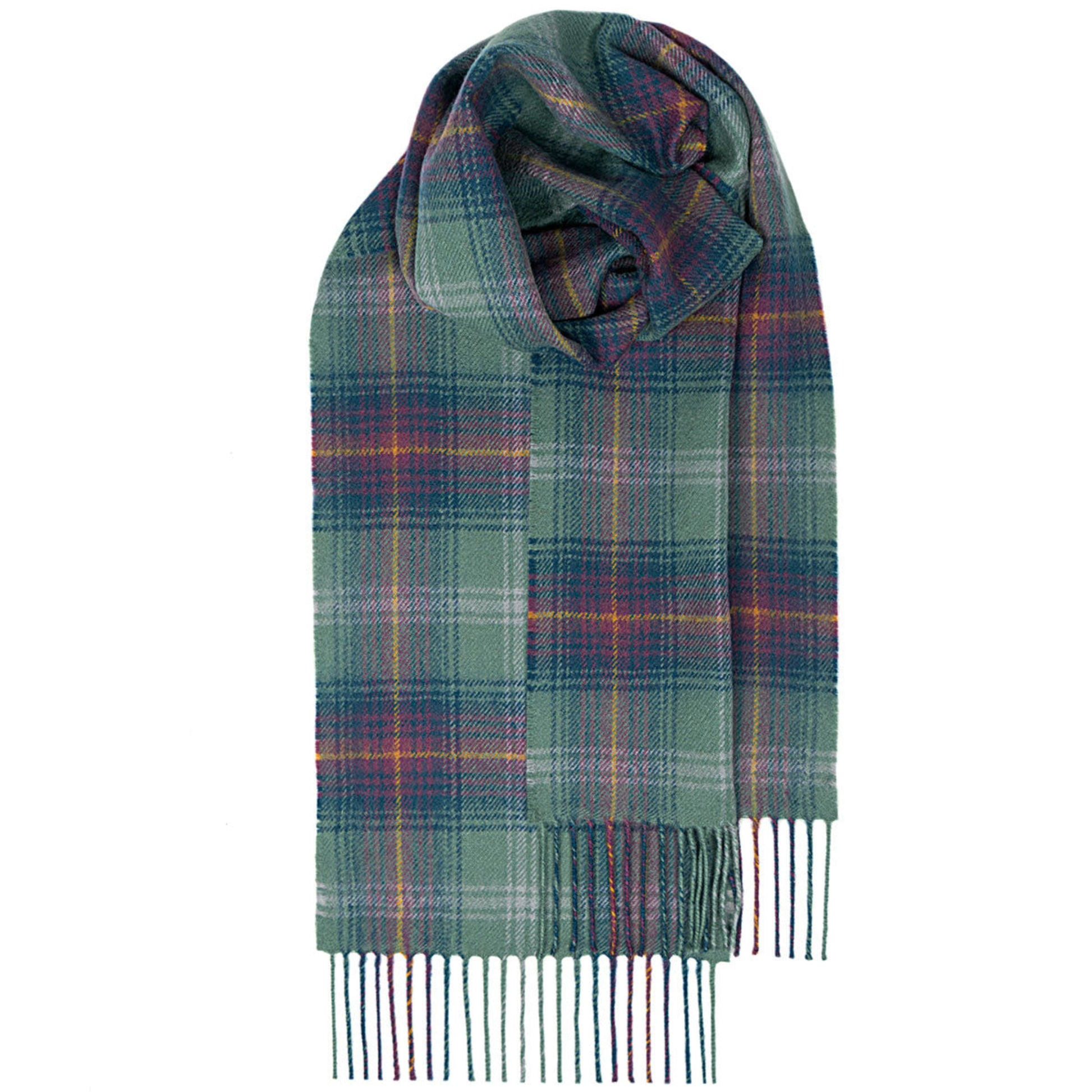 Plaid scarf with green, purple, and red colors on a white background