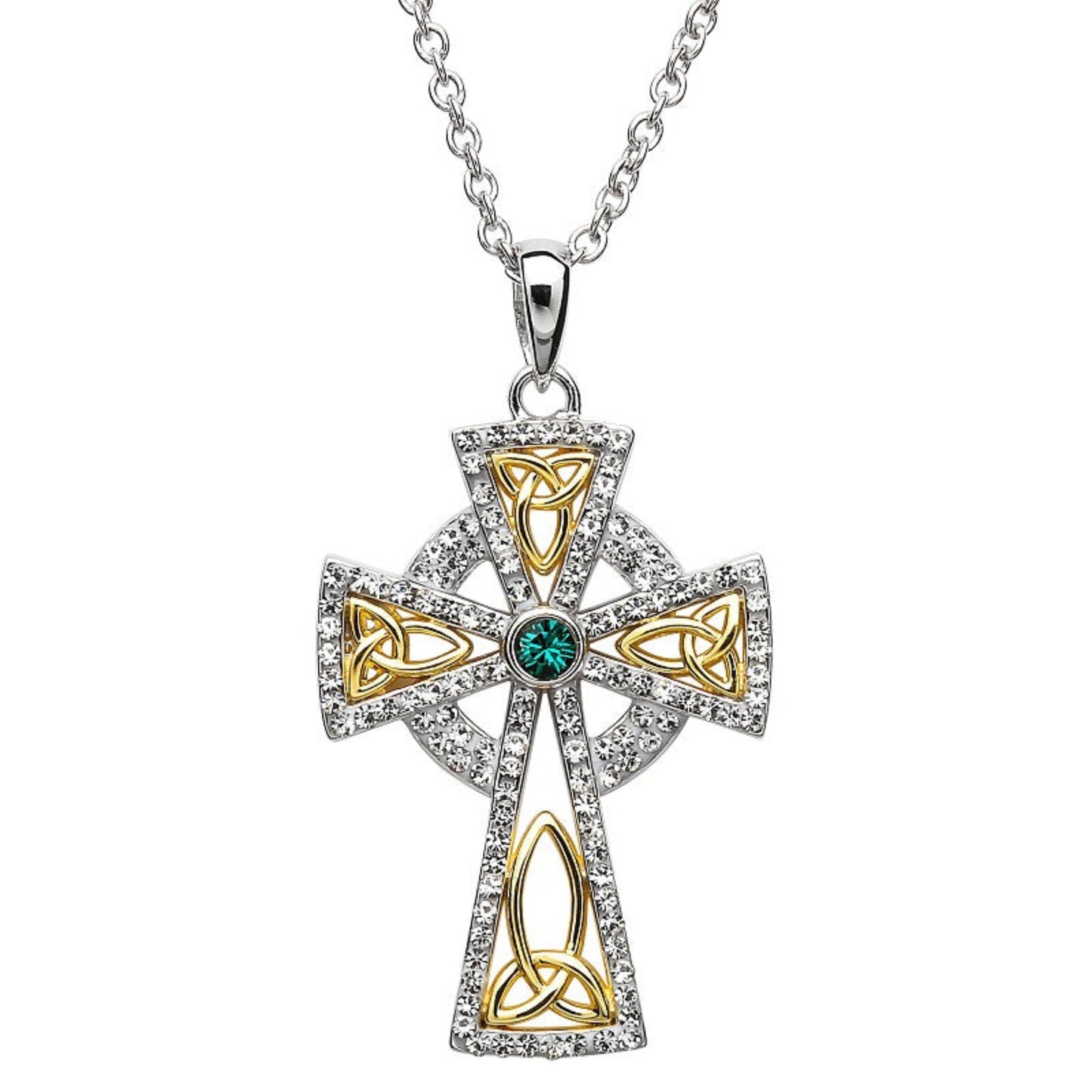 A gold plated sterling silver cross pendant embellished with white crystals and a central emerald crystal, on a silver chain.