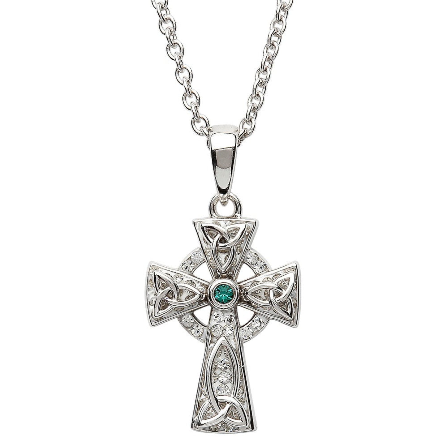 A sterling silver Celtic cross necklace with a green stone in the center, surrounded by smaller clear crystals.