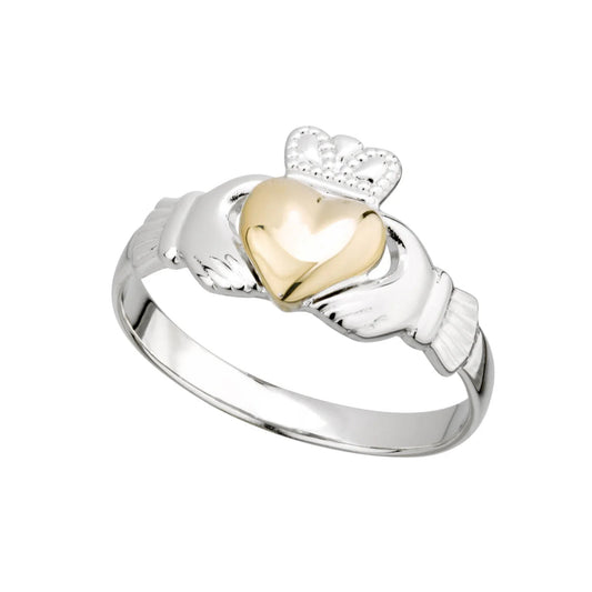 A sterling silver Claddagh ring with a gold heart, symbolizing love and commitment, with hallmarks indicating its authenticity.