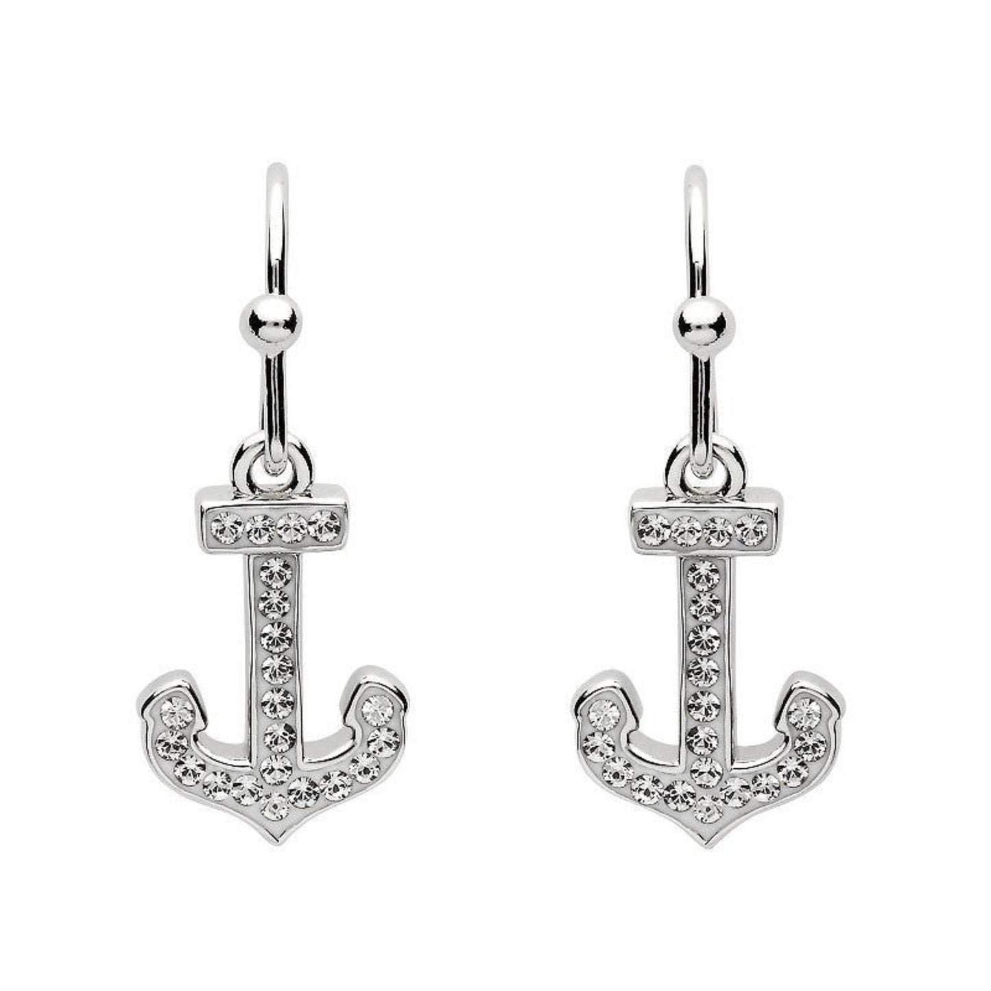 Silver anchor-shaped earrings with clear stones on a white background