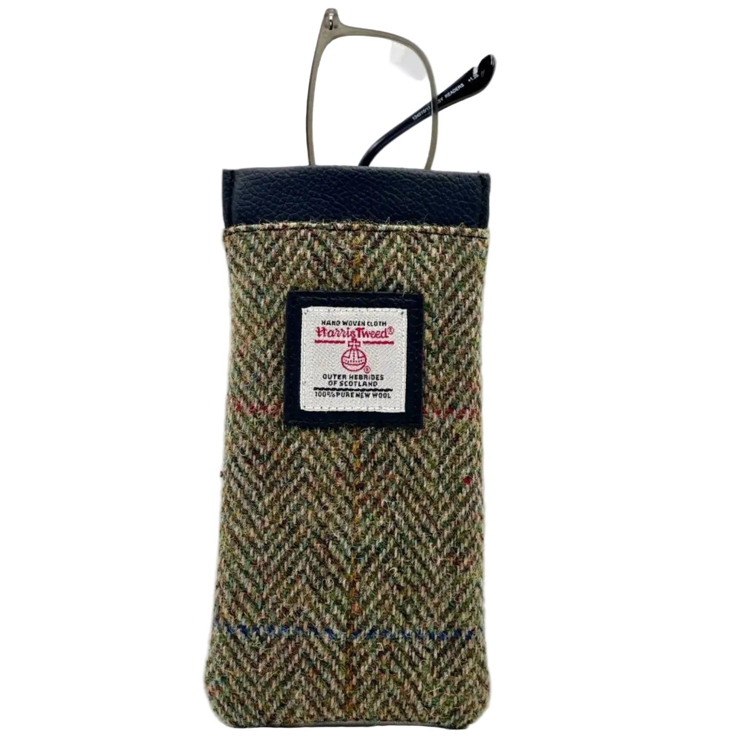 Harris Tweed glasses case with a visible brand label on a white background