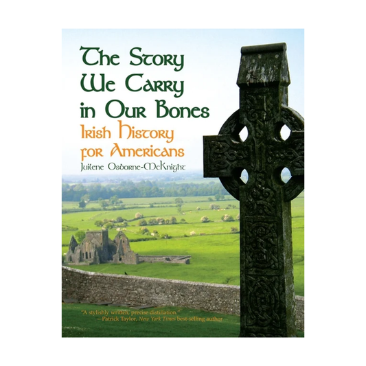 Book cover depicting an Irish landscape and Celtic Cross with the words "the story we carry in our bones / Irish history for Americans"