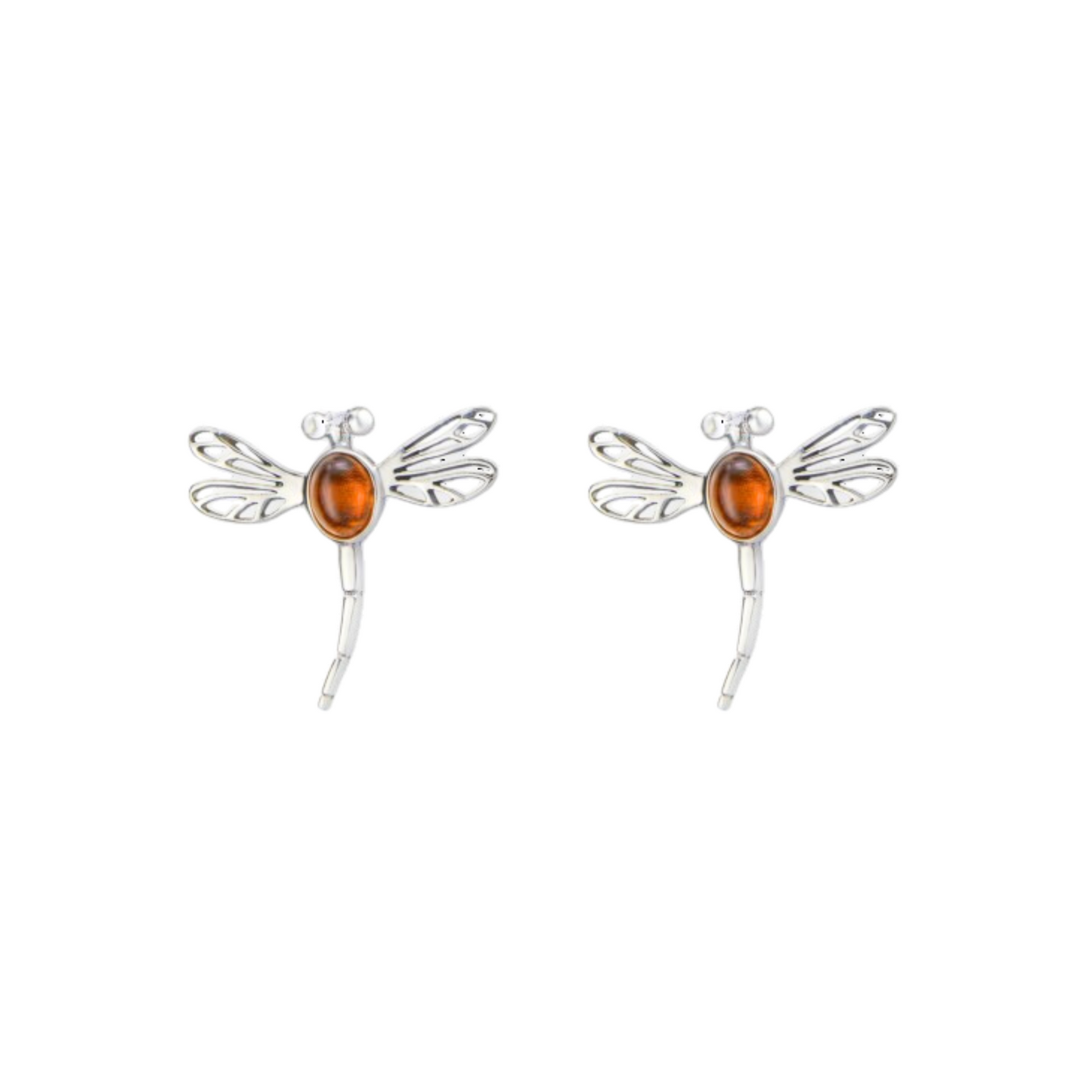 A pair of silver colored dragonfly earrings with a partially opaque brown stone in the center.