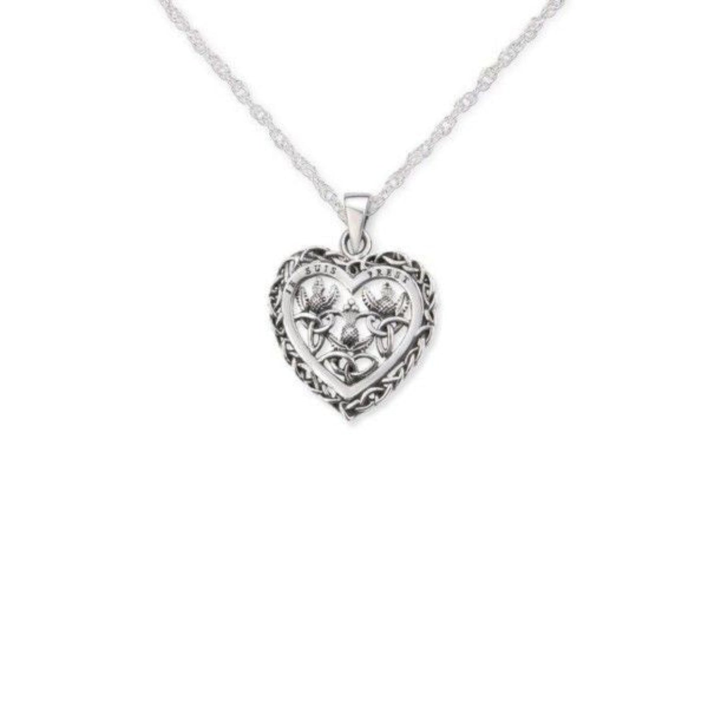 Silver colored heart shaped necklace with thistle and celtic knot embossment.