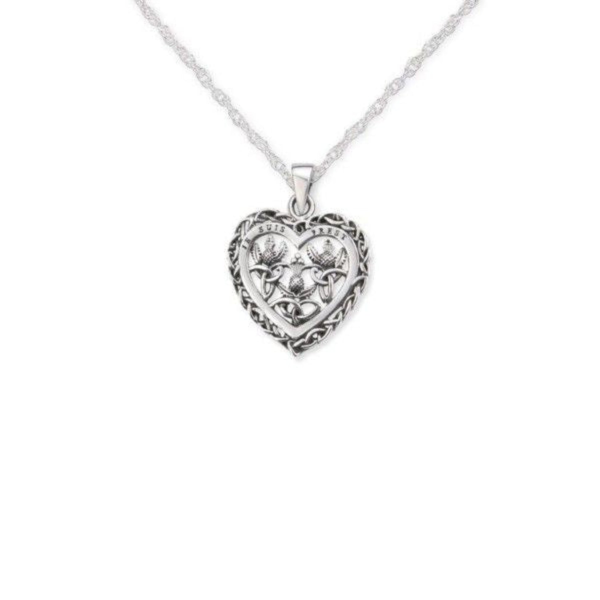 Silver colored heart shaped necklace with thistle and celtic knot embossment.