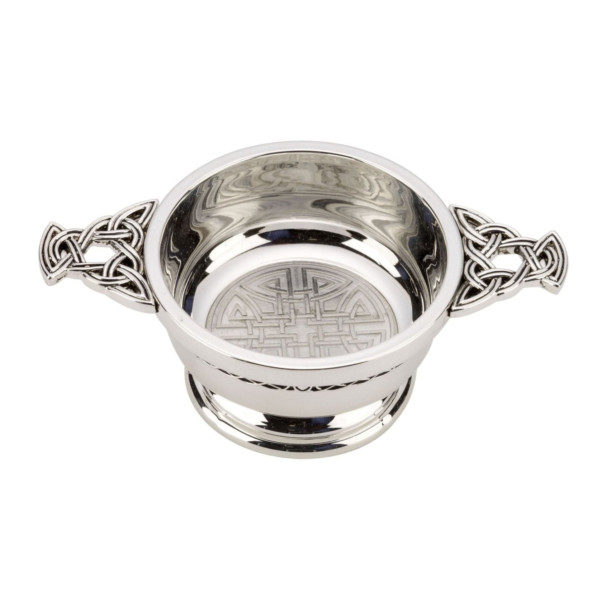 Silver colored bowl with celtic knotwork handles and a celtic knot in the bottom of the center